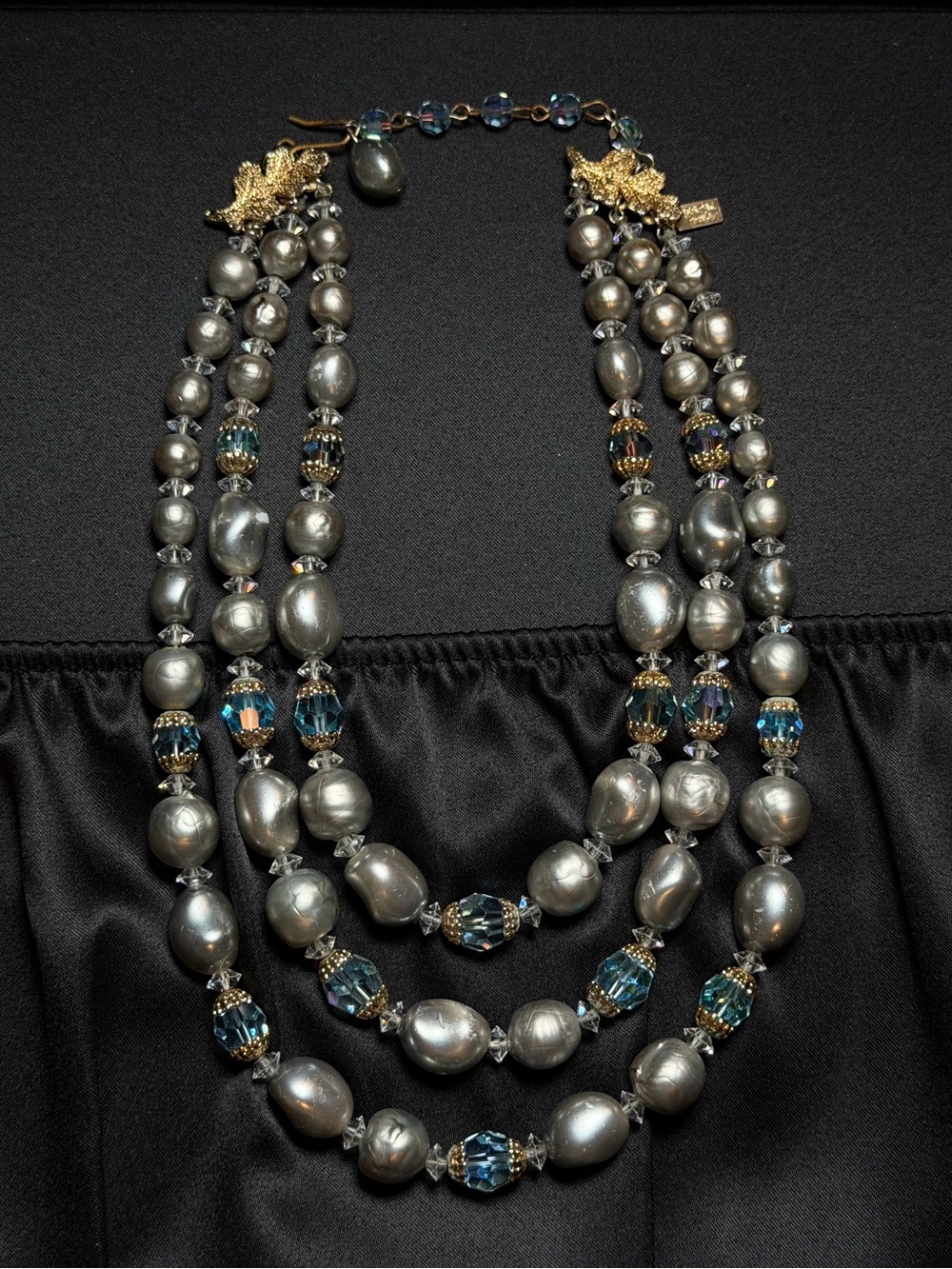 Vintage Vendome Triple Strand Faux Baroque Pearl & Aurora Crystal Necklace